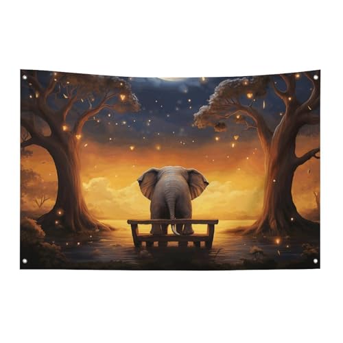Drapeau éléphant et lune en polyester durable à 4 œillets pour dortoir