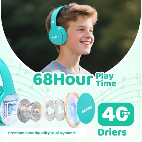 Image of MIDOLA Kids Headphones Bluetooth 5.4 Wireless 68H Play Time Volume Limit 85 /94dB Over-Ear Foldable Headset,Type-C Fast Charging,Wired Aux Mic for Toddler Child Pad Tablet Cyan