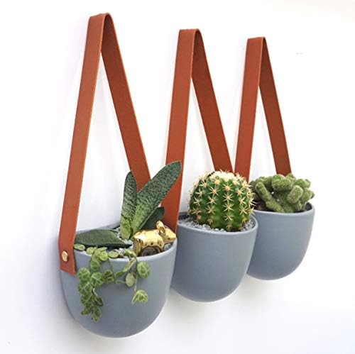 Kimisty Set 3 Hanging Succulent Wall Planters Pot | Grey Ceramic Planter with Faux Leather Strap | Decor as Cactus, Succulents, Plants, Flower Pots | Window Vase & Herb Container with Drainage