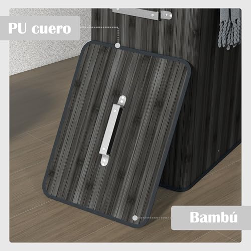 Miniatura 5 de Homcom Cesto De Ropa Sucia Plegable Con Tapa, Cesta Ropa Sucia De Bambú, 2 Compartimentos, Bolsa Extraíble, Para Dormitorio, Baño, Lavandería, 40x30x60 Cm, Gris Oscuro