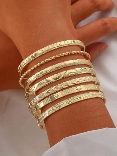 Fashion 18K Gold Plated Bangle Bracelets for Women Multi Layer Charm Indian Cuff Bracelet Stack Elegance Non Tarnish Minimalist Textured Adjustable Bracelet Set for Women Jewelry Gift2