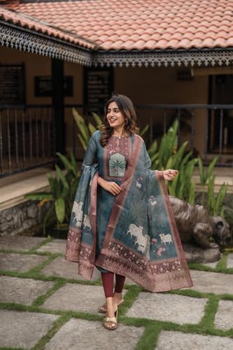 Image of Linen Shimmer Kurta with Dupatta for Women | Hariyali Ethnic Printed 2-Piece Set | Stylish Daily & Festive Kurti Set