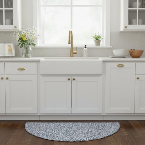 Super Area Rugs Farmhouse Braided Rug Cotton Kitchen Reversible Carpet Blue & White, 20" X 40" Half Circle