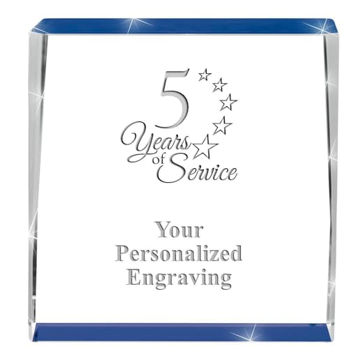 Crown Awards Customizable Crystal Trophy, 3" Engraved 5 Years of Service Blue Spotlight Crystal Award