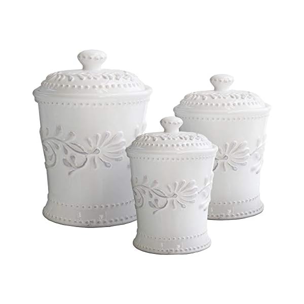 American Atelier Bianca Leaf Canister Set 3-Piece Ceramic Jars in 20oz, 48oz and 80oz Chic Design With Lids for Cookies, Candy, Coffee, Flour, Sugar, Rice, Pasta, Cereal & More