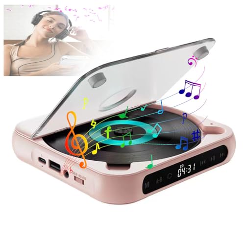 GYKOZY Reproductor de CD portátil, Altavoz Bluetooth portátil, Reproductor de música con Control táctil con Auriculares, Reproductores de CD personales, batería Recargable de 2000 mAh (Pink)