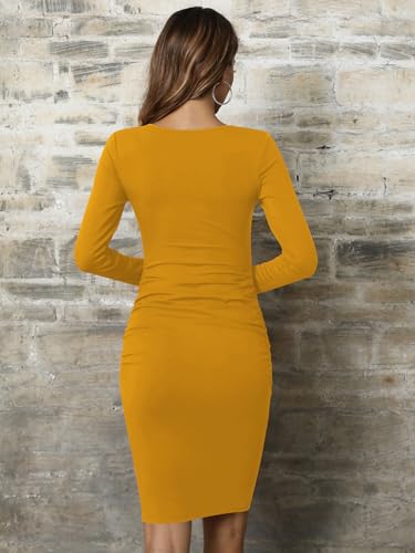 Image of Missufe Women's Long Sleeve Slim Ruched Bodycon Dress 2025 Trendy Fall Casual Round Neck Sheath Knee Length Outfits Clothes