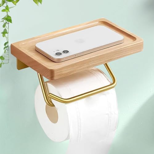 トイレットペーパーホルダー 木製 棚付き スマホ置き インテリア 紙巻器 壁掛け 小物置き トイレペーパーホルダー ?木&太空アルミ アンティーク調 おしゃれ ペーパーホルダー 穴あけ不要 取付簡単 和風 汚れに強い天板 上質 (セクションB)