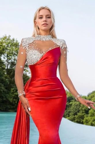 High Neck Mermaid Prom Dresses Long Sleeves Sweetheart Tulle Beaded Satin Pleated Tight Formal Dresses Evening Party Gowns3