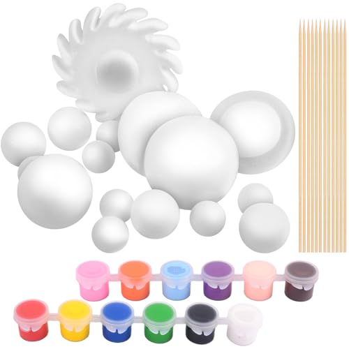 Solar System Model Foam Ball Kit Planet Model Crafts Includes 14PCS Mixed-Sized Balls 12 Color Pigments 12PCS Long Sticks 2PCS Painting Brushes for School Classroom DIY Projects Science Projects
