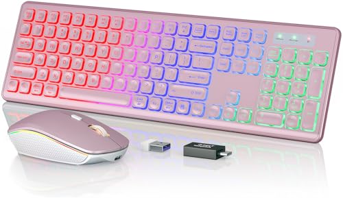 Image of Wireless Keyboard and Mouse Combo, RGB Backlit, Trueque KM42Pro | RGB Rainbow Backlit, Rechargeable Keyboard Mouse, Sleep Mode, 2.4GHz Wireless, Silent Soft Typing, USB-C Adapter