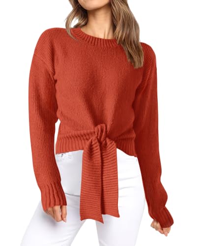 Okiwam Womens Sweater Long Sleeve Crew Neck Tie Front Crop Tops,Rust Red,XL - image 1