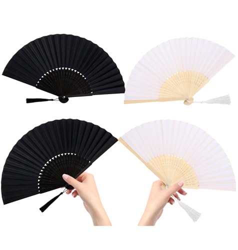 4 Stück Faltbare Hand Fächer mit Quasten (2 Schwarz 2 Weiß) | Tragbar & Klappbar für Tanz Yoga Hochzeit Sommer Fotoshooting | Vielseitiges Geschenk für Frauen Tänzer & Veranstaltungen