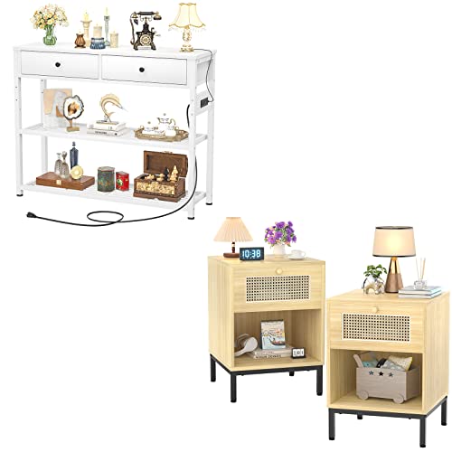 Ecoprsio 32'' White Entryway Table With Outlets And Usb Ports, Console Table With 2 Drawers, Natural Nightstands Set Of 2, Rattan Nightstand Bedside Tables, Mid-Century Modern Nightstand With Drawer #TOP18