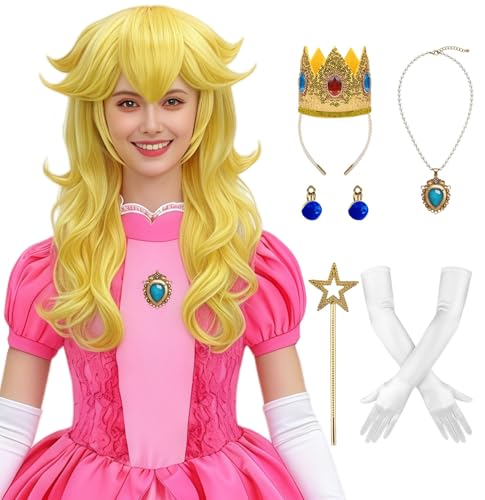 Mildiso 7pcs Golden Blonde Peach Princess Costume Wig for Women Adults Halloween Cosplay with Crown Wand Ear Clips Necklace Gloves Wig Cap - Long Wavy & Thick Soft & Tangle Resistant M137