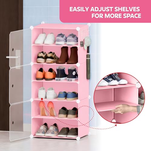 Image of amazon basics DIY Foldable Shoe Rack | 6 Layer Plastic Shoes Rack with Door Cover | Multipurpose Stand for Home & Entryway Pink