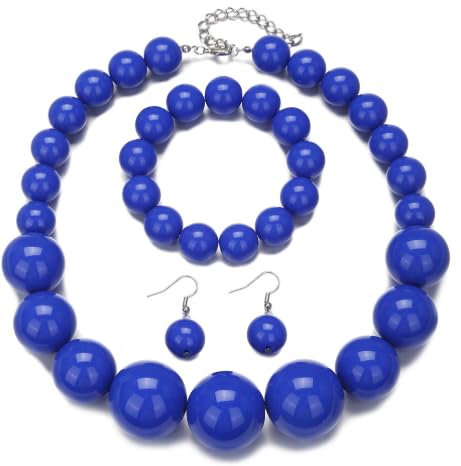 Fussinatioanry Hand made Pearl Statement Necklace for Women Chunky Large Simulated Pearl Statement Necklace Bracelet Earring Set-Royal blue