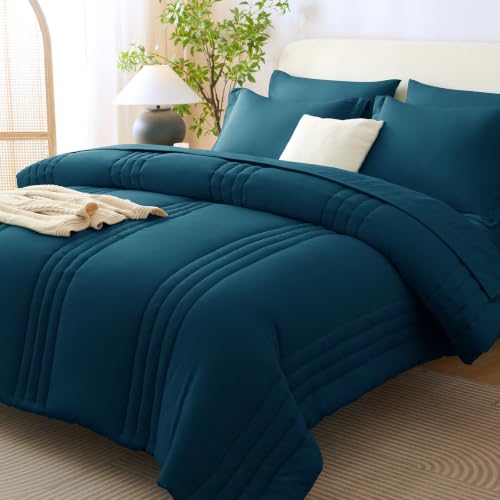 Image of CozyLux King Size Comforter Set Lyons Blue - 7 Pieces Bed in a Bag, Modern Vertical Quilted Room Decor, Soft All-Season Bedding Gift with Comforter, Sheets, Pillowcases & Shams