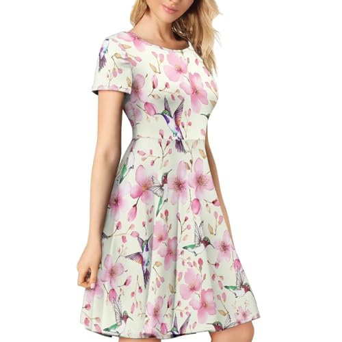 Image of HUGS IDEA Womens Puffy Swing Midi Dress Round Neck Short Sleeve Party A-Line Dresses