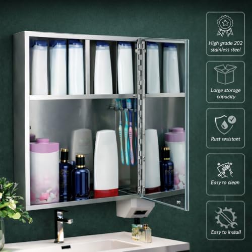 Image of Stainless Steel Bathroom Mirror Cabinet 10x16 inch - Wall Mount Rustproof Storage Organizer with Mirror Door for Wash Basin, Kitchen & Bedroom Accessories