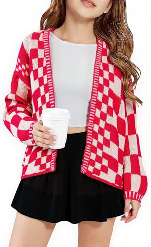 SELINK Girls Mixed Checkered Cardigan Sweater Kids Vintage Chunky Sweater Cardigan Casual Open Front Plaid Outerwear