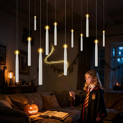 Jaztral Floating Candles with Magic Wand Remote, 12Pcs Flameless Candles LED Taper Candles with Flickering Warm Light Battery Operated for Halloween Christmas Birthday Wedding Party Decorations