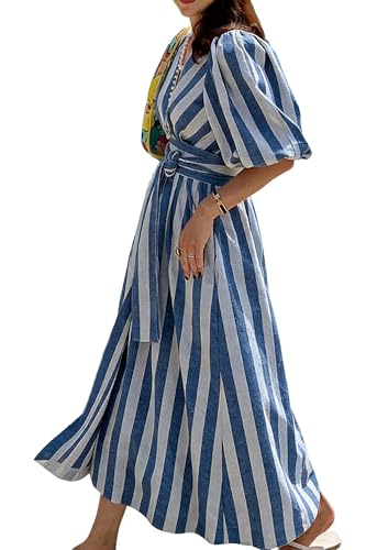 CHARTOU Women Comfy Stripes Beach Dress Summer Puff Short Sleeve Cotton Linen Long Dress with Belt (Large, Blue)