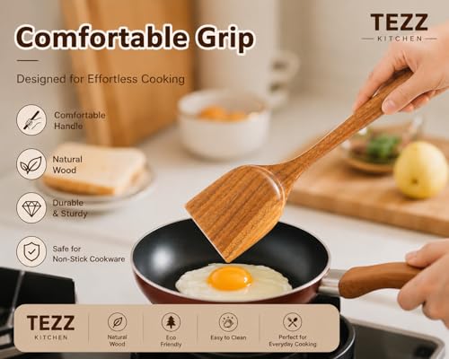 Image of Wooden Spatulas, 2 PCs Natural Acacia Wooden Cooking Utensils Set for Non-stick Pan Kitchen Tool, flipping and Wok Spatula, Wooden Spoons & Spurtle for Cooking