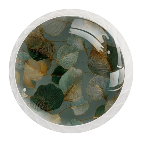 12 pomos de armario con diseño de hojas botánicas abstractas con detalles dorados, tiradores redondos de cristal para cajones y armarios de cocina, 1.38 x 1.1 pulgadas