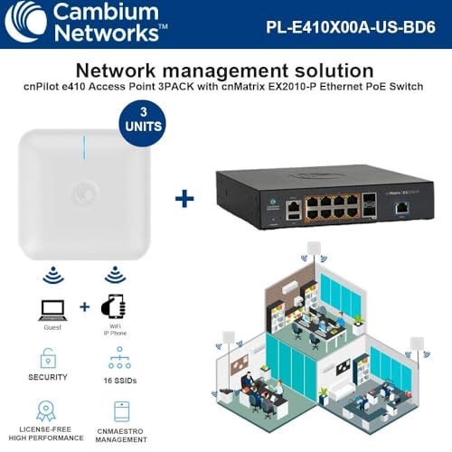Image of Cambium cnPilot Indoor Access Point E410 802.11ac Wave 2 Dual Band no PoE Injector (FCC) 3-Pack w /cnMatrix EX2010-P Intelligent Ethernet PoE Switch 2 SFP Fiber Ports and 8 PoE+ Ports