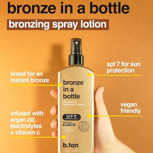 Image of b.tan SPF 7 Sun Tanning Lotion Spray | Bronze In a Bottle - Best Tan Intensifier, Browning Outdoor Bronzing Accelerator, Packed with Argan Oil, Electrolytes, & Vitamin C, Austrailian Brand, 8.45 Fl Oz