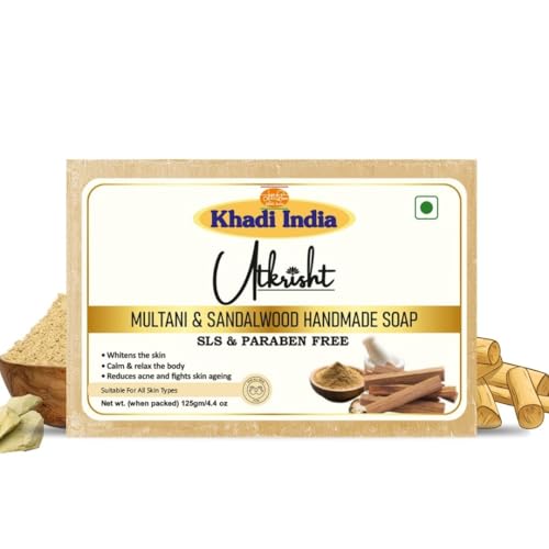 Image of Khadi Multani & Sandalwood Handmade Bathing Soap Bar 125g (Pack of 5) | Natural & Herbal | Hydrating, Glowing & Brightening | For Skin Pores & Wrinlees | All Skin Types | For Men & Women