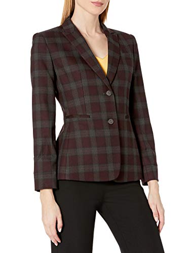 Tahari ASL Women's Two Button Roll Sleeve Jacket, Wine Grey Black Plaid, 4