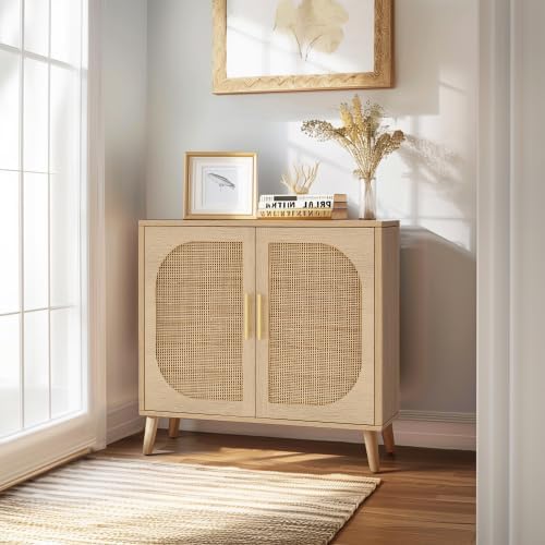 Buffet Cabinet with Storage, Accent Bathroom Floor Rattan Cabinet,with Two Doors and 4 compartments forStorage,Cabinet with Solid Wood Feet,Sideboard Cabinet for Hallway, Entry, Living Room