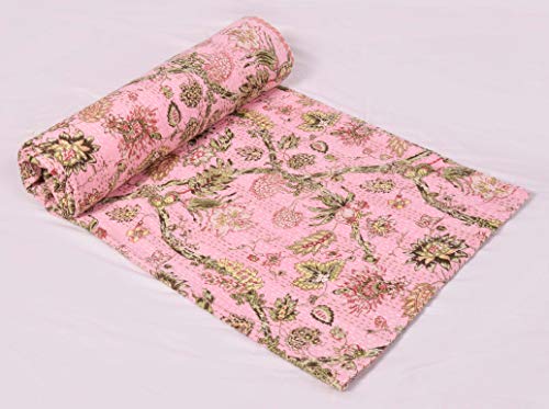 V Vedant Designs Indian Block Floral Print Queen Size Kantha Quilt Kantha Blanket Bed Cover Kantha Bedspread Bohemian Bedding Kantha Blanket (90X108 Inches) (Light Pink 02)