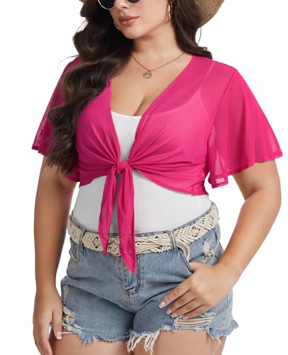 Image of Women Crop Cardigan Sheer Mesh Bolero Shrugs for Dresses Plus Size Tie Front Cardigans Ruffled Short Sleeve Tops