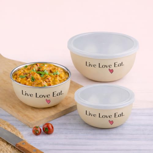 Image of Zaib Microwave Safe Stainless Steel Food Storage Containers with Lid | Pack of 3 | Sizes 12 cm, 14 cm, 16 cm | Capacity 500 ml, 750 ml, 1250 ml | Snap Fit Lid (Live Love Eat Regular 3)