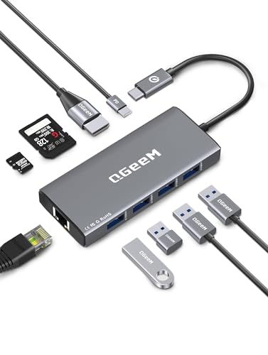 QGeeM USB C Hub Ethernet 9 in 1 USB Type C Hub HDMI Multi-Port Converter Adapter 100W Pd USB 3.0 SD/TF Card Reader Compatible for MacBook Pro Air Ipad HP Dell Lenovo Chromebook etc.-Gray