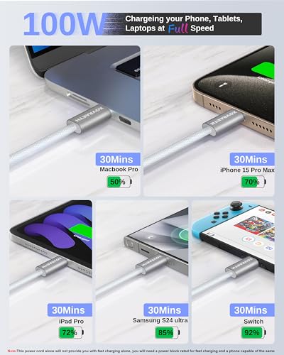 Image of USB C to USB C Cable, 10ft, 100W PD 5A Fast Charging Cord, Aluminum Connector & Nylon Braided Type C Charger Cord for iPhone 17 /16 /15, MacBook Air /Pro, iPad Pro, Samsung S25 /S24 /S23, Pixel 10(White)