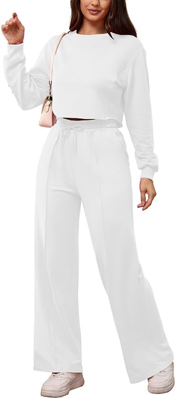 PINSV Women's 2 Piece Outfits Sweatsuit Set Long Sleeve Crop Top Drawstring Wide Leg Pants with Pockets Tracksuits Casual Set - Image 2