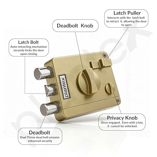 Image of Plantex Heavy Duty Rim Locks for Main Door /Door Lock for Main Door with 4 Keys /Suitable for Inside Opening Wooden Door - Pack of 1 (Brass Antique)