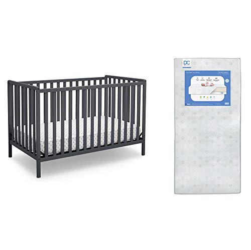Image of Delta Children Heartland 4-in-1 Convertible Crib, Charcoal Grey + Delta Children Twinkle Galaxy Dual Sided Recycled Fiber Core Crib and Toddler Mattress (Bundle)