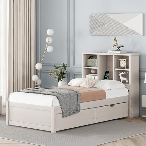 BEDGJH Wooden Twin Platform Bed Twin Bed Frame with Built-in USB Port Bookcase Headboard and 2 Drawers, No Box Spring Needed (White Washed)