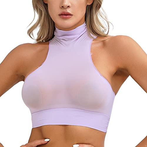 Hularka Women's Mock Neck Sleeveless Sheer Crop Top Solid Color Slim Fit Vest Top Nightwear