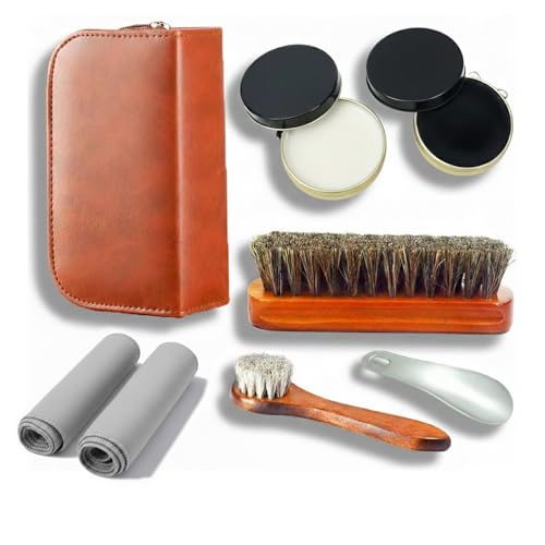 BNOGRS Shoe Care Kit,includes a Medium Horsehair Shoe Brush, a Long-Handled Round Brush, White Shoe Polish, a Black Shoe Polish, a Polishing Cloth, a Shoe Horn, and a Storage Box.