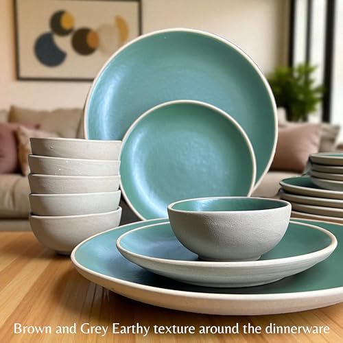 Image of Hand Painted Ceramic Dinnerware Set - 18 Pieces | 6 Dinner Plates, 6 Small Plates, 6 Katori Bowls | Earthy Green | Microwave & Dishwasher Safe | Perfect for Home & Gifting