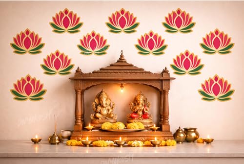 Image of Divyakosh Green-Pink Lotus Wall Stickers for Wall Decor (12 Pieces, 3x3.5 Inch) | Mandap, Temple Decor, Puja Backdrop Decoration| Peel & Stick Lotus Stickers for Home & Festive