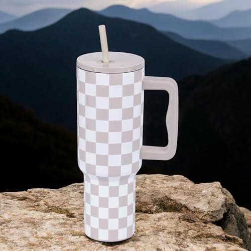 Image of Tumbler with lid and Straw 1200ML Cup Stainless Steel Vacuum Insulated Cup for Water, Iced Tea or Coffee 1.2L Office Gym Travelling; Tumbler with Straw. (40-Oz-Skin Checks)