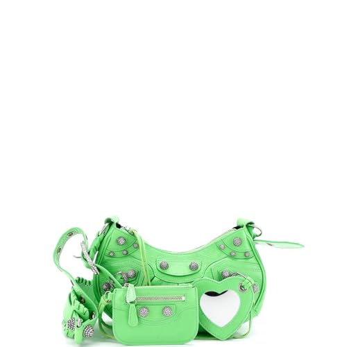 Pre-Loved Le Cagole Giant Studs Shoulder Bag Leather with Crystals XS, Green2