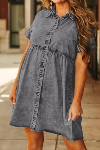 Image of Women's Denim Dress for Women Cute Blue Babydoll Denim Shirt Dress Denim Dress with Pockets